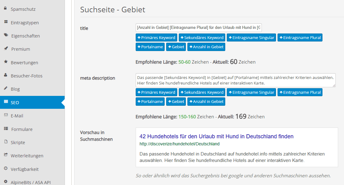 Dynamische Textbausteine in die Felder für Titel und Meta Description auf Suchseiten einfügen Dynamische Textbausteine in die Felder für Titel und Meta Description auf Suchseiten einfügen