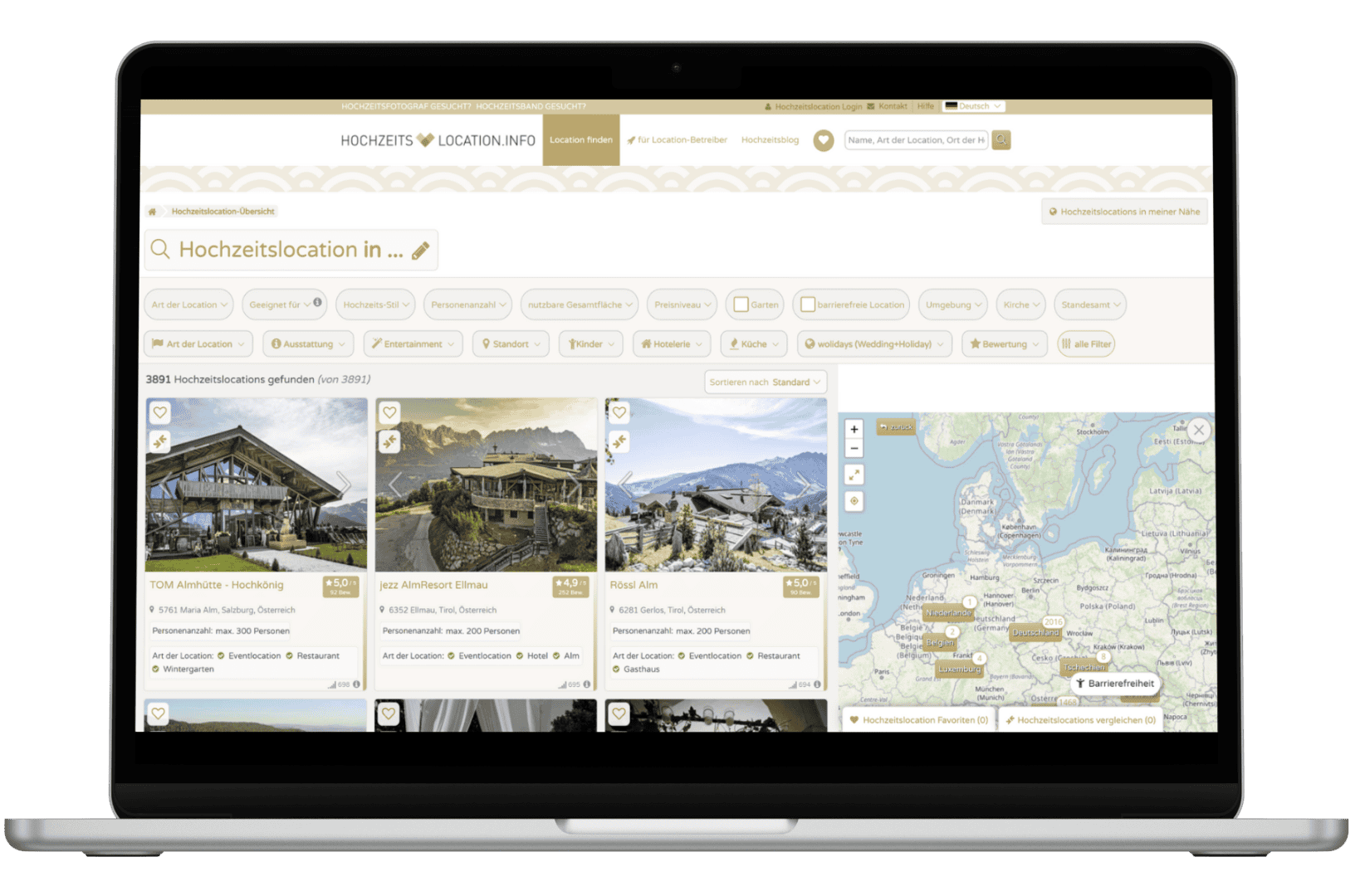 Suchseite des discoverize Vergleichsportals hochzeits-location.info